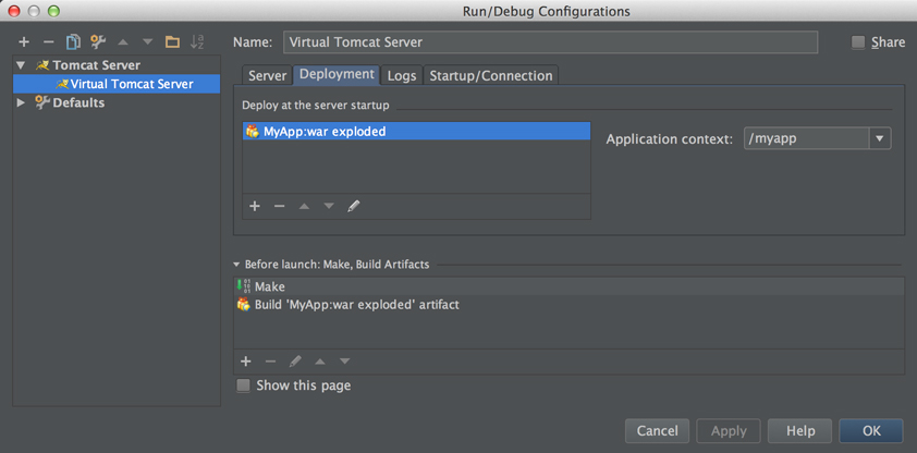 Configuring the Deployment Tab in the Run/Debug Configurations Dialog